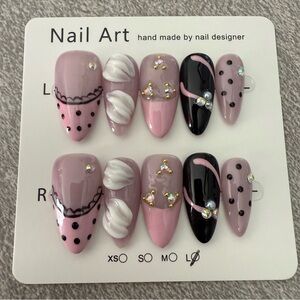 Elegant Pink and Black Press On Nails | Almond | Large | Handmade
